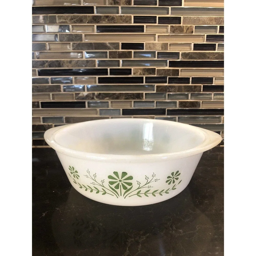 Glasbake‎ 2 QT. Dish, USA, J514 79 White/Green Flowers Daisies Vintage